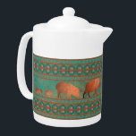 Southwest Fun Javelina Family Copper Teal Teapot<br><div class="desc">A verdigris copper patina colored background in teals and turquoise with fun copper colored javelina silhouettes, bordered by geometric patterns inspired by the colors, designs and collared peccarys living near the artist's home in the southwest. Your purchase of my designs on Zazzle products helps support my livelihood as an artist!...</div>