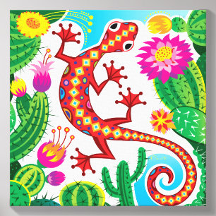 Southwest Gecko with Cactus Blossoms Canvas Photo Tile