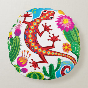 Southwest Gecko with Cactus Blossoms Round Pillow