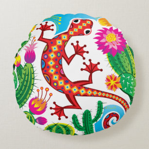 Southwest Gecko with Cactus Blossoms Round Pillow
