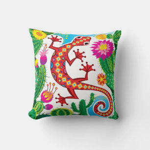 Southwest Gecko with Cactus Blossoms Throw Pillow