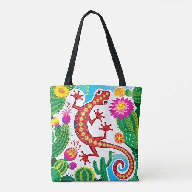 Southwest Gecko with Cactus Blossoms Tote Bag (Back)