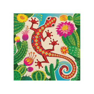 Southwest Gecko with Cactus Blossoms Wood Wall Art