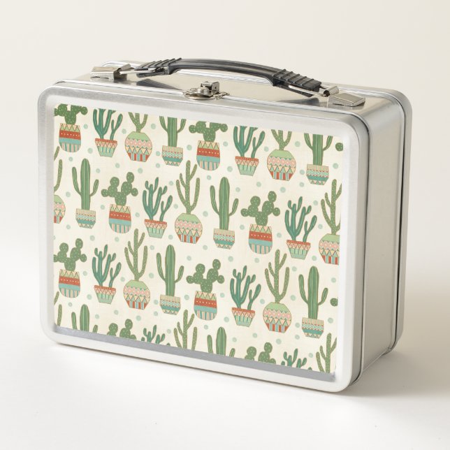 Southwest Geo Step | Cactus Pattern Metal Lunch Box (Front)