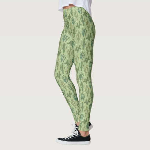 Southwest Geo Step  Green Cactus Pattern Leggings