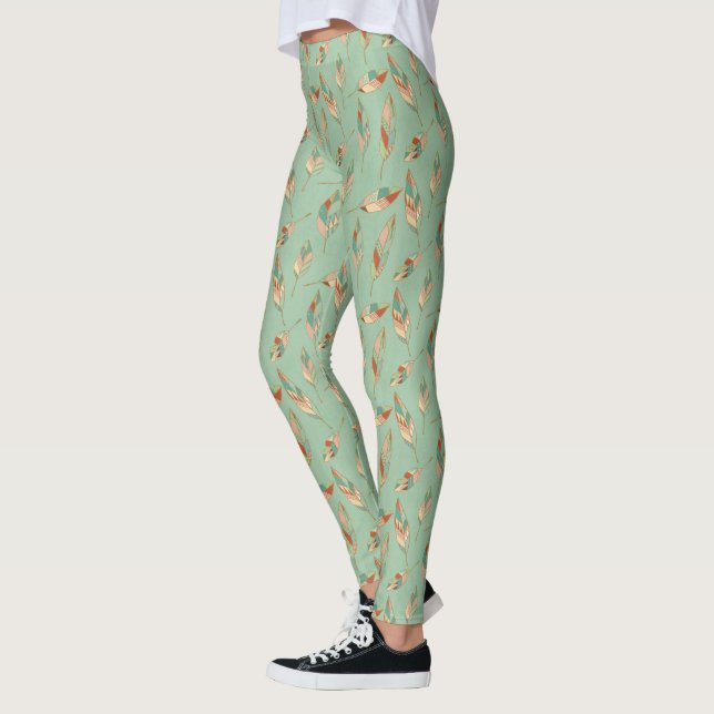 Southwest Geo Step | Green Feather Pattern Leggings (Left)