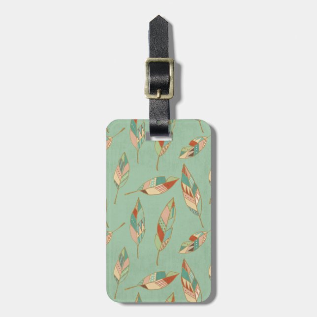 Southwest Geo Step | Green Feather Pattern Luggage Tag (Front Vertical)