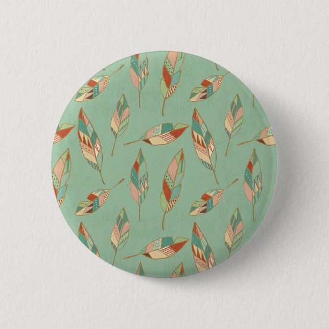 Southwest Geo Step | Green Feather Pattern Pinback Button (Front)