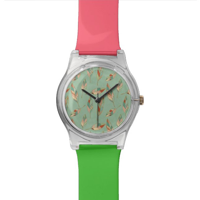 Southwest Geo Step | Green Feather Pattern Wristwatch (Close Up)