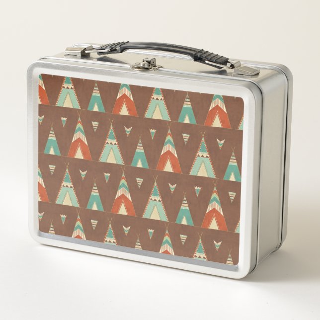 Southwest Geo Step | Teal Teepee Pattern Metal Lunch Box (Front)