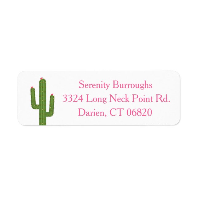 Southwest Green Cactus Pink Flowers Personalized Label (Front)