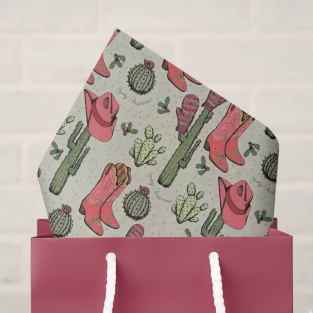 Southwest Green Christmas Cowgirl Howdy Christmas Tissue Paper (Elegant Ivory Howdy Christmas Western Cowboy Ivory Tissue Paper. Cute Cowgirl Boots & Cactus Pattern)