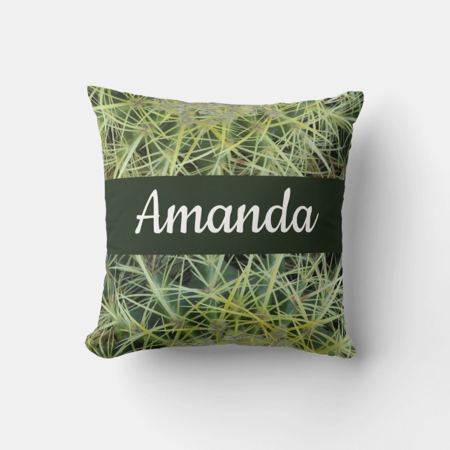 Southwest Green Desert Plant Photo Barrel Cactus Throw Pillow (Front)