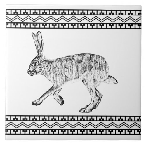 Southwest Jackrabbit Black  White Geometric Print Ceramic Tile