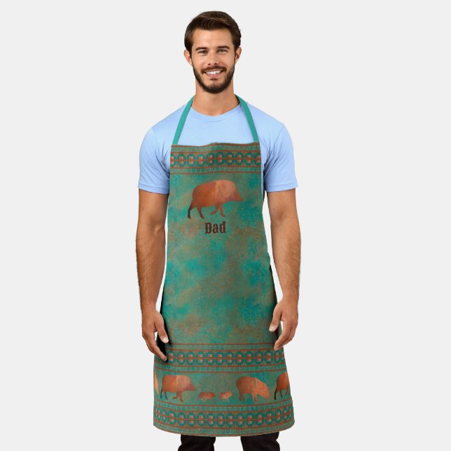 Southwest Javelina Dad Personalized Copper Teal Apron (Worn)