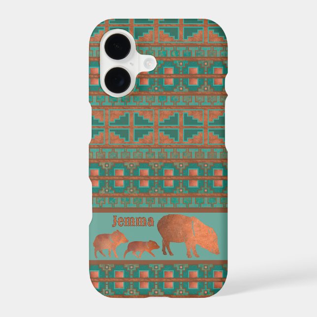 Southwest Javelina Family Copper Teal Personalize  iPhone Case (Back)