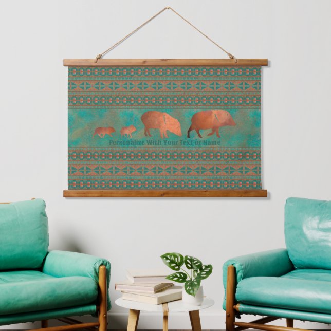 Southwest Javelina Family Copper Teal Personalized Hanging Tapestry (Living Room)