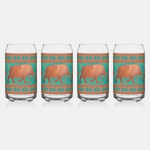 Southwest Javelina Geometric Border Copper  Teal Can Glass