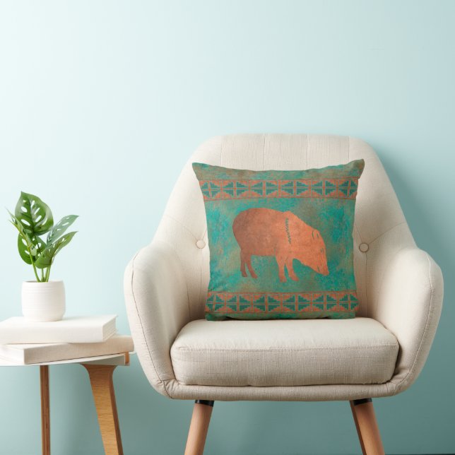Southwest Javelina Mama Copper Teal Pattern 16in Throw Pillow (Chair)
