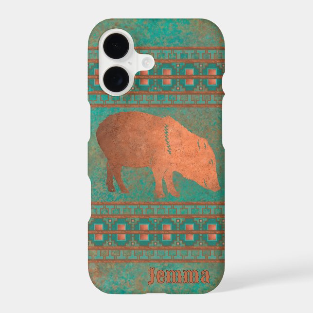 Southwest Javelina Mom Copper Teal Personalized iPhone Case (Back)