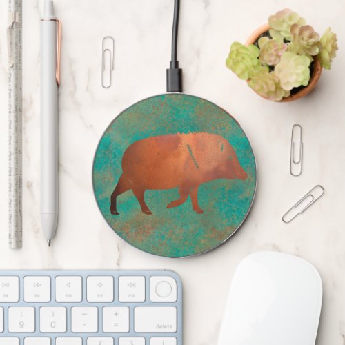 Southwest Javelina on Copper Teal Background  Wireless Charger