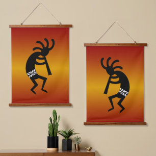 Southwest Kokopelli Black Orange Sunset Hanging Tapestry