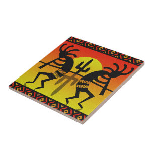 Southwest Kokopelli Cactus Tribal Design Ceramic Tile