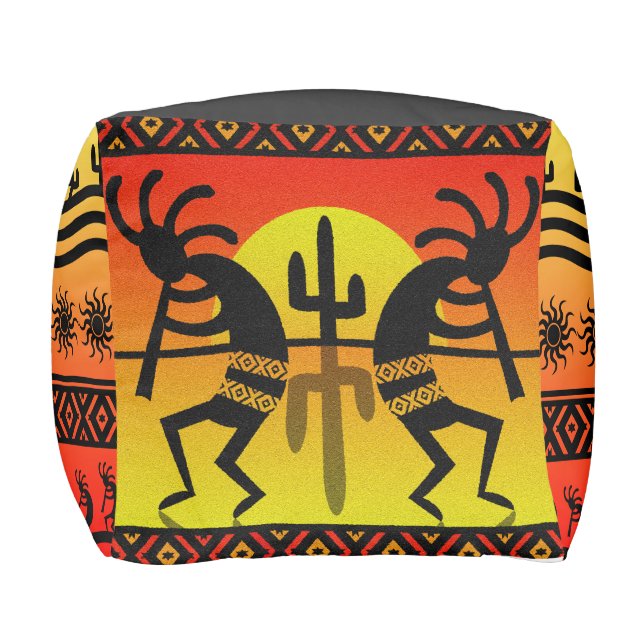 Southwest Kokopelli Cactus Tribal Design Pouf (Front)
