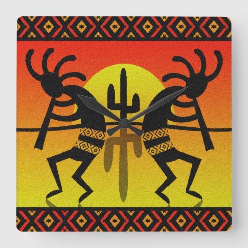 Southwest Kokopelli Cactus Tribal Design Square Wall Clock