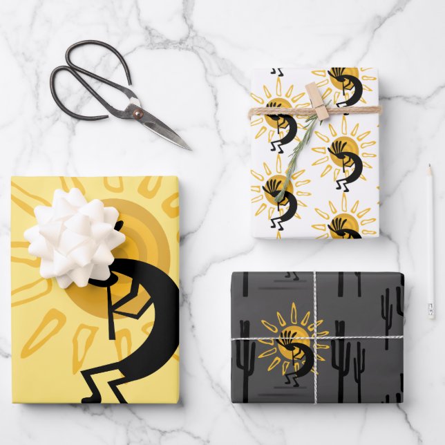 Southwest Kokopelli Golden Sun Wrapping Paper Sheets (Front)
