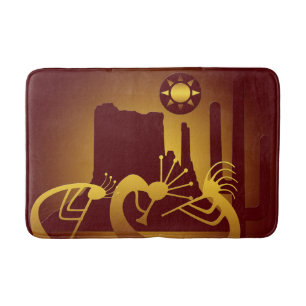 Southwest Kokopelli in Burgundy and Gold Bathroom Mat