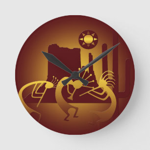 Southwest Kokopelli in Burgundy and Gold Round Clock