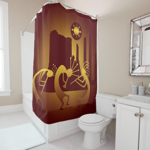 Southwest Kokopelli in Burgundy and Gold Shower Curtain