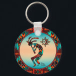 Southwest Kokopelli Playing Flute Keychain<br><div class="desc">This is a Unique "One of a Kind" Southwest Kokopelli Keychain!  It Features a Kokopelli Playing the Flute and Dancing Under the Sun on a Turquoise and Orange Sunset Background... Surrounded by a Southwest Border in Turquoise,  Orange & Black!
Original Art Design By Artist Kerry Miller.</div>