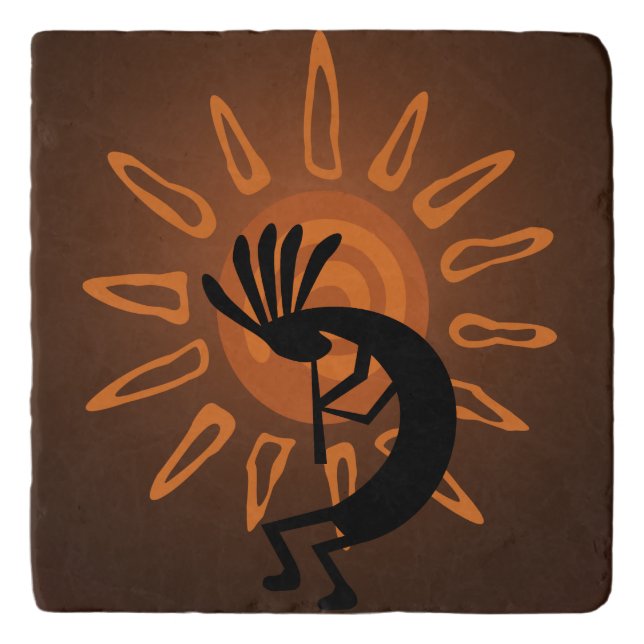 Southwest Kokopelli Sun Rustic Marble Stone Trivet (Front)