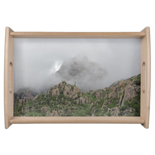 Southwest Landscape Morning Fog Towering Mountain Serving Tray