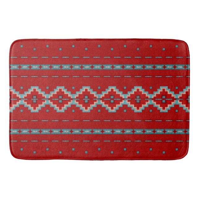 Southwest Mesas Geometric Design Red & Turquoise Bath Mat (Front)