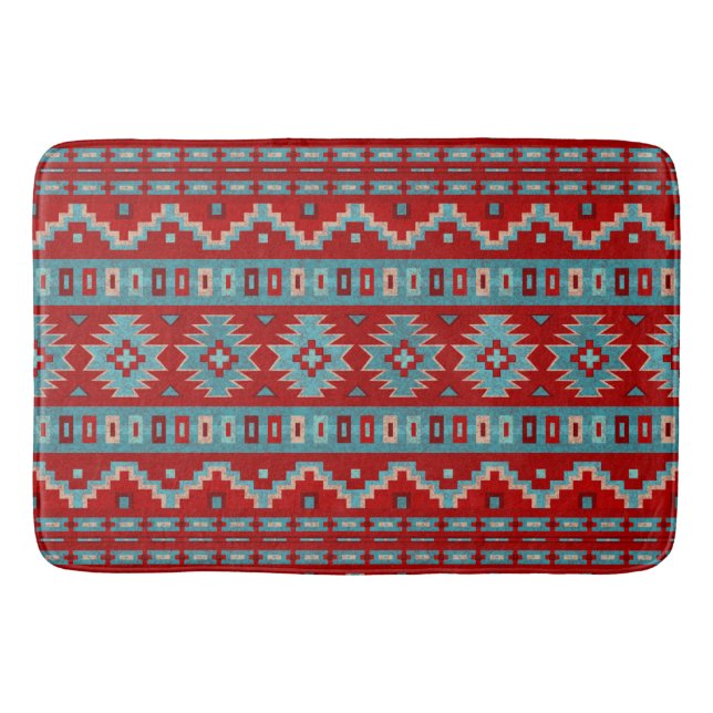 Southwest Mesas Geometric Design Turquoise & Red Bath Mat (Front)