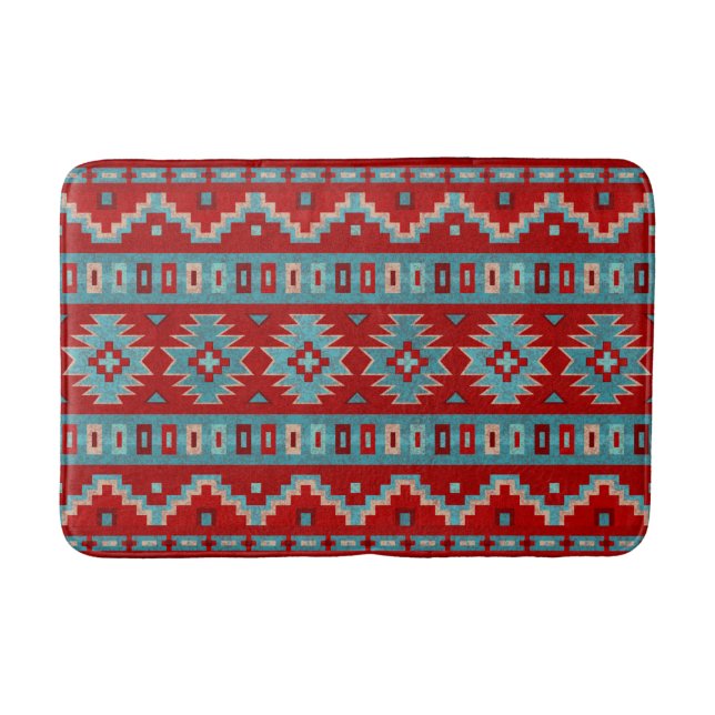 Southwest Mesas Geometric Pattern Turquoise & Red Bath Mat (Front)