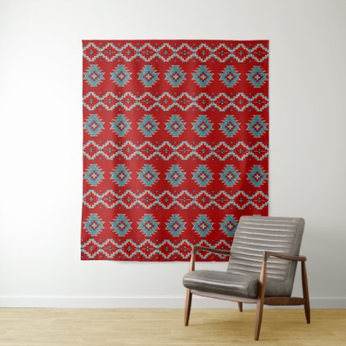 Southwest Mesas Red and Turquoise Geometric Design Tapestry