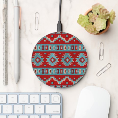 Southwest Mesas Red and Turquoise Geometric Design Wireless Charger