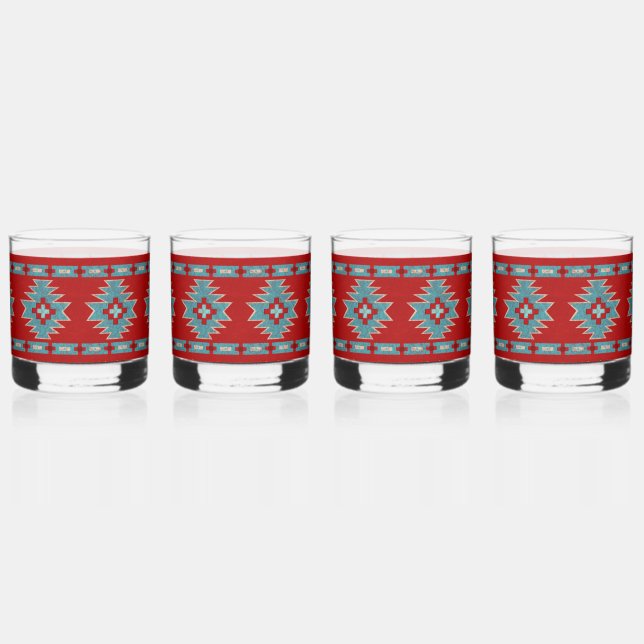 Southwest Mesas Red and Turquoise  Whiskey Glass (Front)