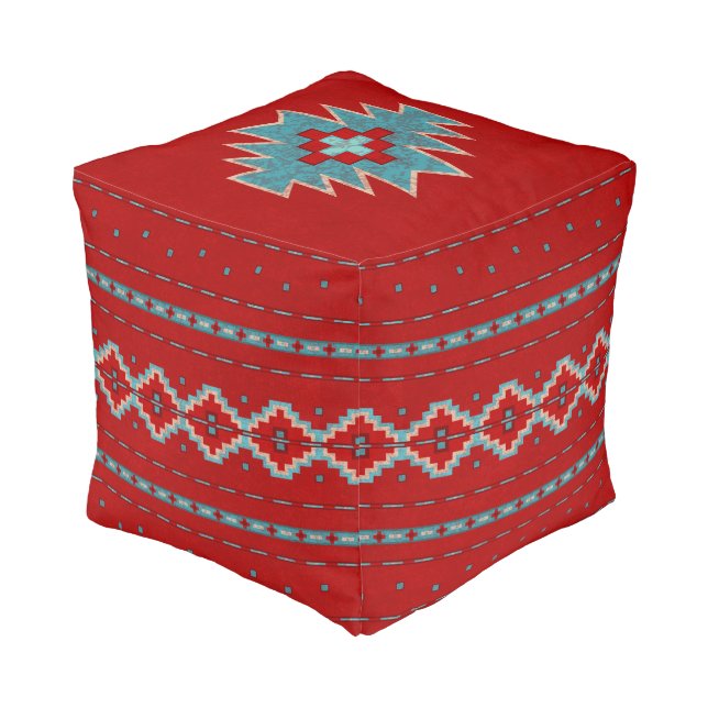 Southwest Mesas Red & Turquoise 13" Square Pouf (Angled Front)