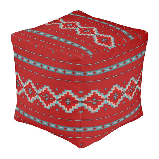 Southwest Mesas Red & Turquoise 18in Square Pouf (Angled Front)