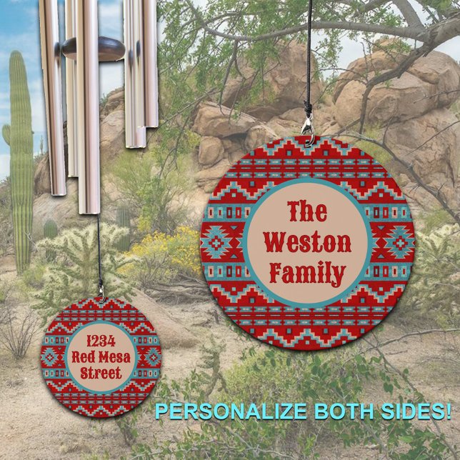 Southwest Mesas Red Turquoise Design Personalized Wind Chime (Personalized Wind Chimes for Porch or Garden on a Southwest Style Geometric Red & Turquoise Design)