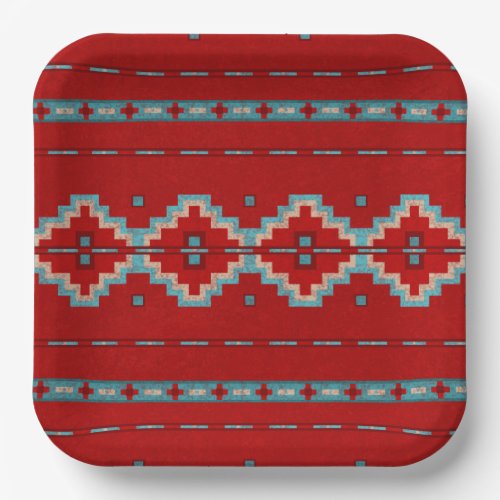 Southwest Mesas Red  Turquoise Geometric Design  Paper Plates