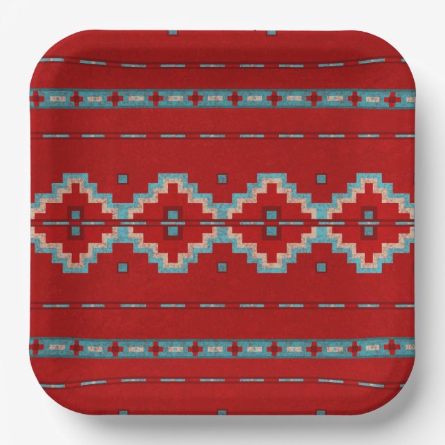Southwest Mesas Red & Turquoise Geometric Design  Paper Plates (Front)