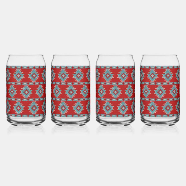 Southwest Mesas Red & Turquoise geometric pattern Can Glass (Front)