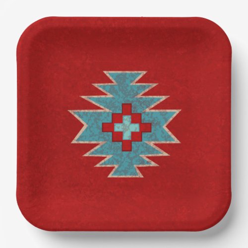 Southwest Mesas Red  Turquoise Geometric Pattern Paper Plates