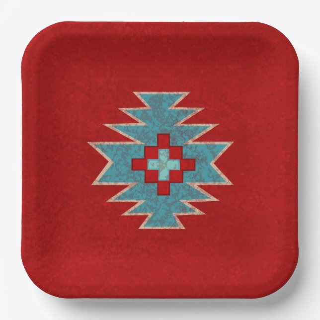 Southwest Mesas Red & Turquoise Geometric Pattern Paper Plates (Front)
